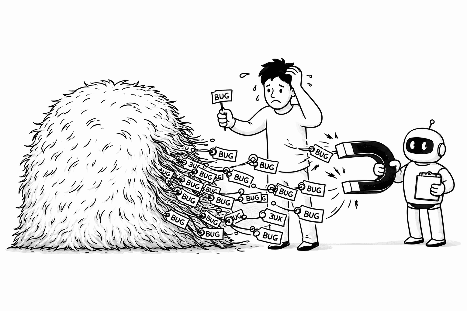 Hand-drawn illustration of bugs in a haystack with a robot magnet