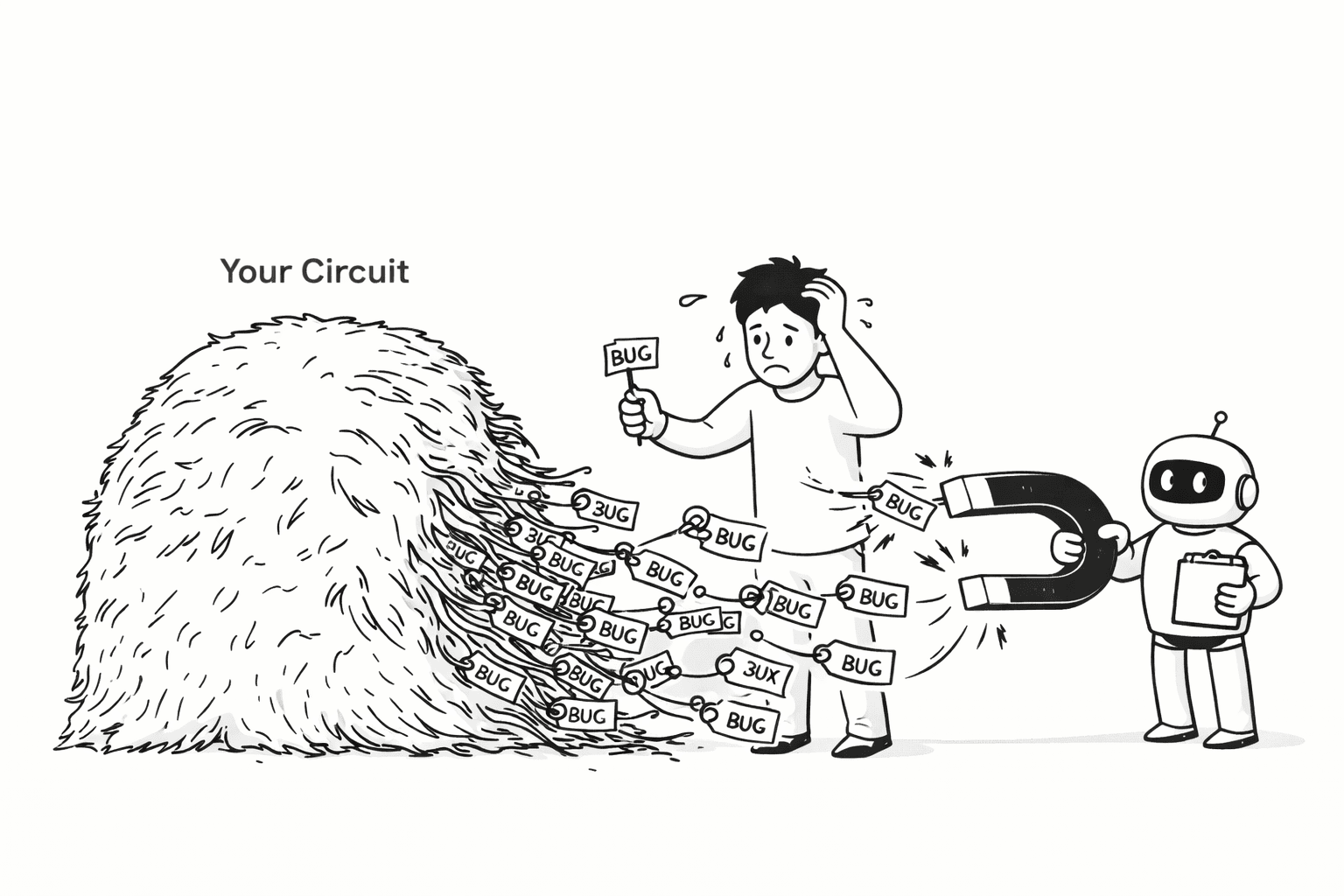 Hand-drawn illustration of bugs in a haystack with a robot magnet